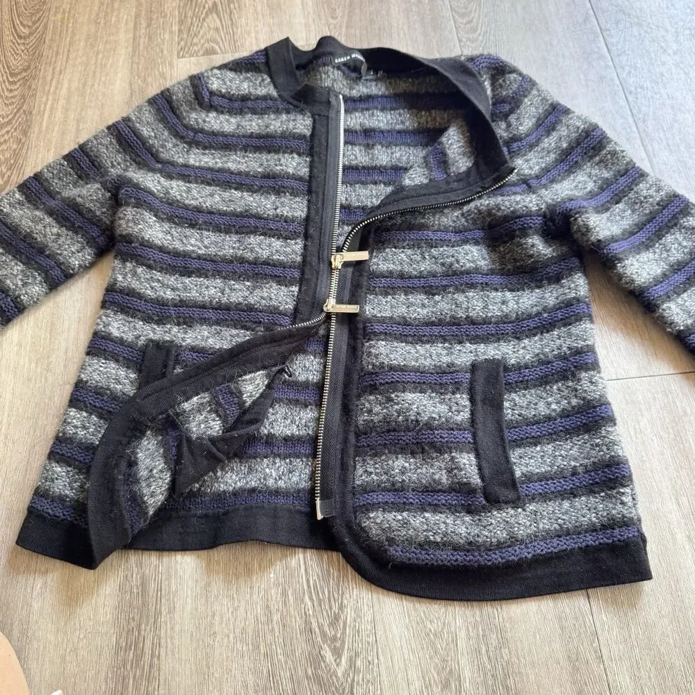 Karen Millen Cardigan Sz 4 Gray Black Blue Striped Cotton Mohair Blend Zip Pocke